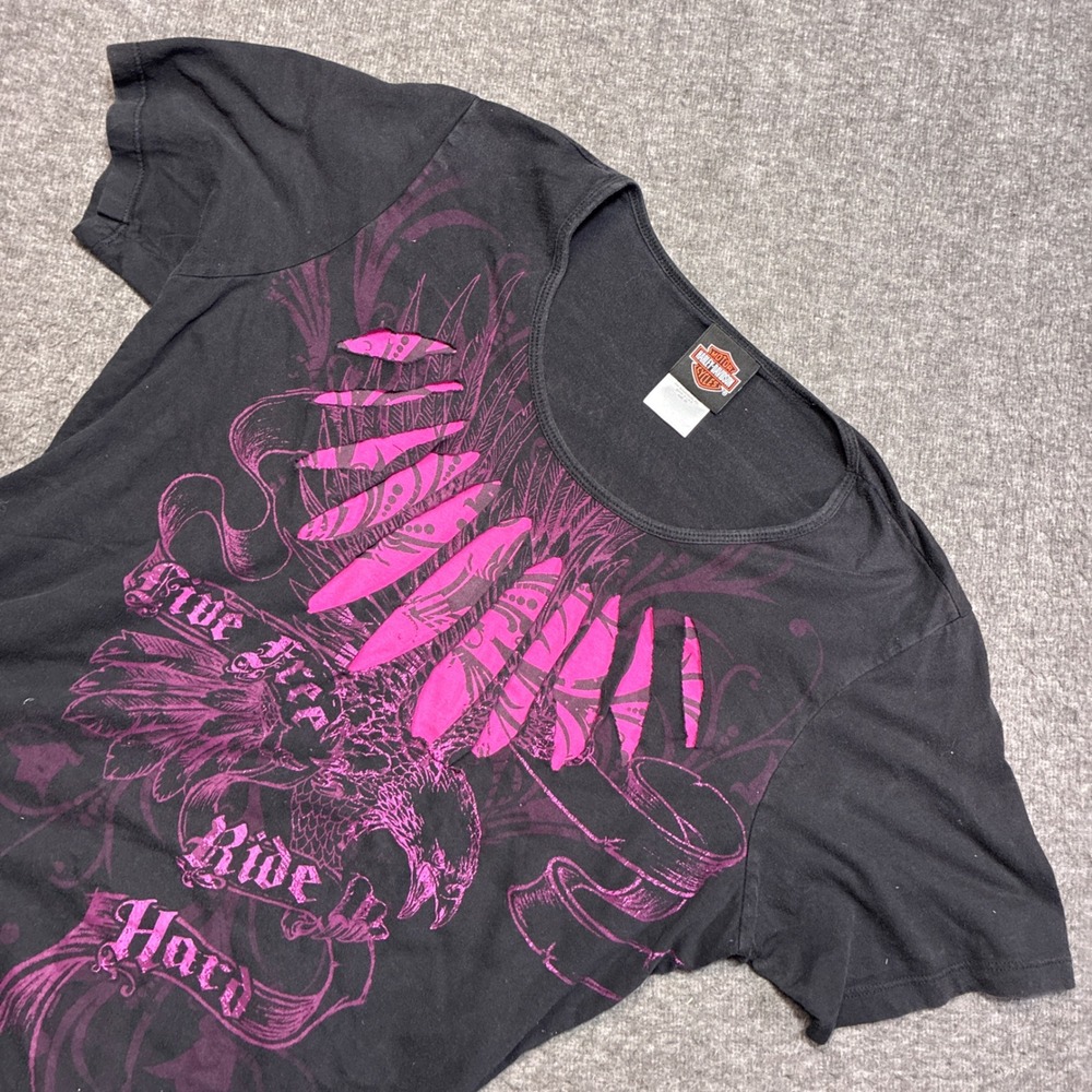 Vintage Harley Davidson T-Shirt Women 2X Black Pink Eagle‎ Cut Out Graphic Biker